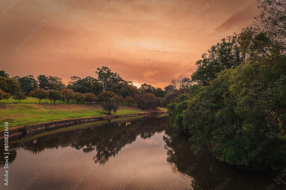Scenic view of lake against sky at sunset-Parramatta Park