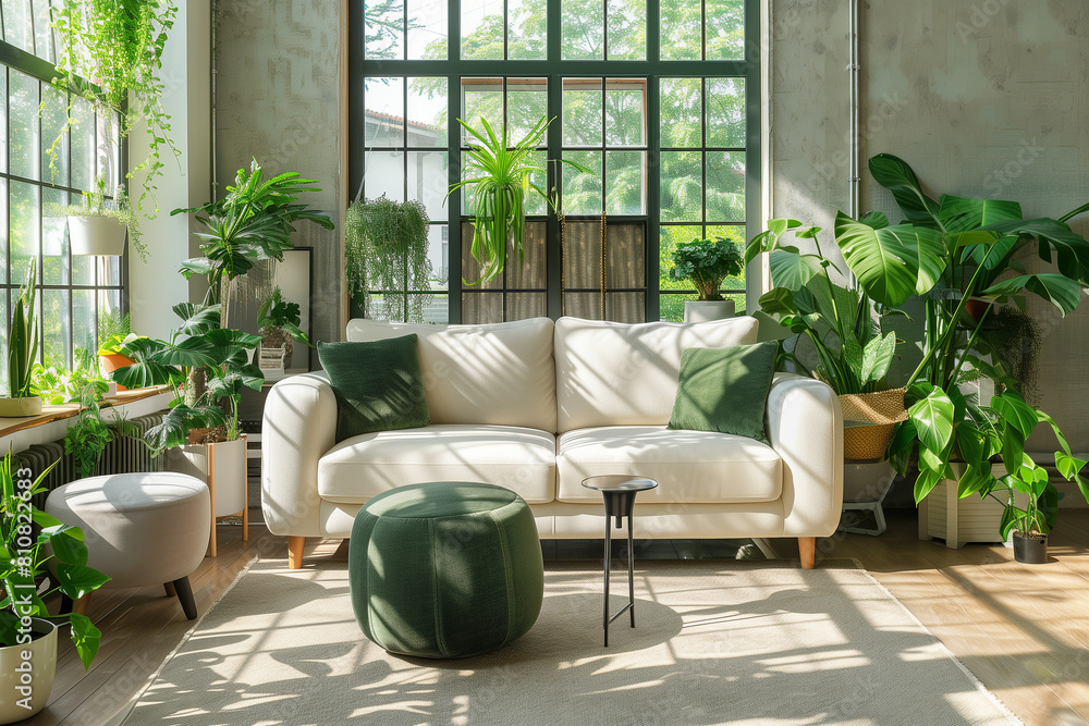 Sunny Serenity Living Room Oasis
Sofa Armchair Pouf and Lush Greener Radiant Interior
Bringing Nature's Calm into Home Design