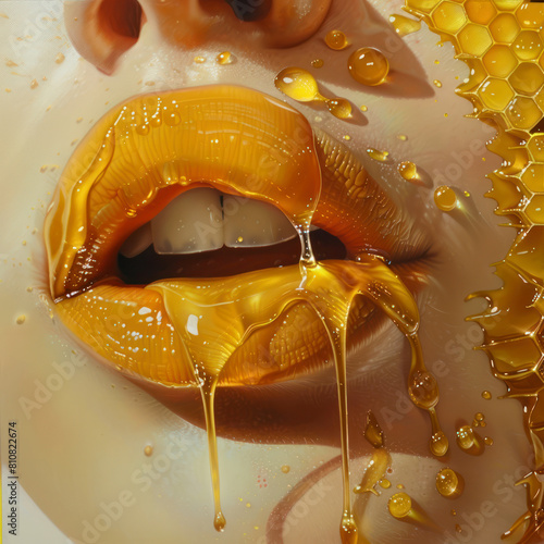 Honey dripping from the lips of a young woman, close-up © Ula