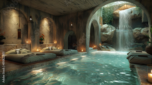 Luxurious spa room with heated stone beds  cascading water feature  and candlelit ambiance