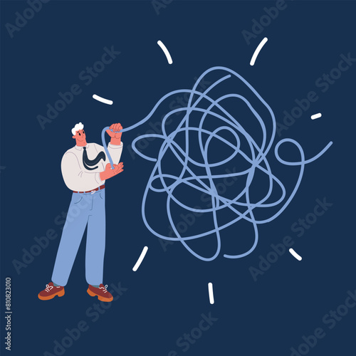 Cartoon vector illustration of business Man Unravel the Tangle of Problems. Solves problems and unravels the big thread over dark background