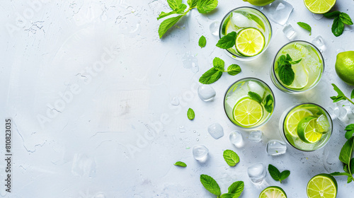 Glasses of fresh mojito and ingredients on light background