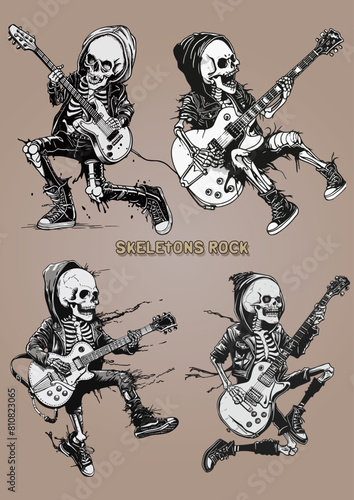 "Rockin' Skeleton”, In this design, a skeleton is depicted wildly rocking out on an electric guitar, with bones flying and music notes swirling around. The skeleton's eye sockets glow with an intense 