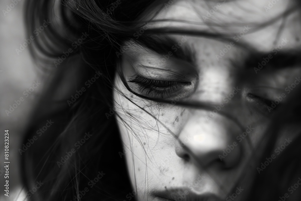 AI generated illustration of a close-up portrait of a freckled girl's face in grayscale AI generated illustration of a close-up portrait of a freckled girl's face in grayscale