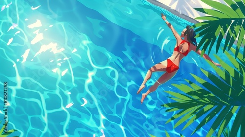 The top view of a banner for a water sport, fitness, and active recreation page with a cartoon illustration of a woman swimming freestyle in a pool.