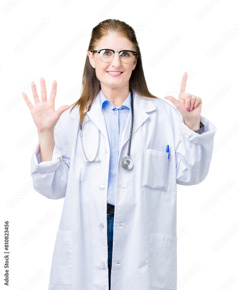 Middle age mature doctor woman wearing medical coat over isolated background showing and pointing up with fingers number seven while smiling confident and happy. Middle age mature doctor woman wearing medical coat over isolated background showing and pointing up with fingers number seven while smiling confident and happy.