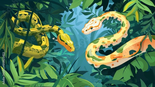Cartoon web banners featuring snakes in the wild. In the forest and green tree python, Ahaetulla prasinus and Trimeresurus Salazar in their natural habitats, reptile lifestyle.