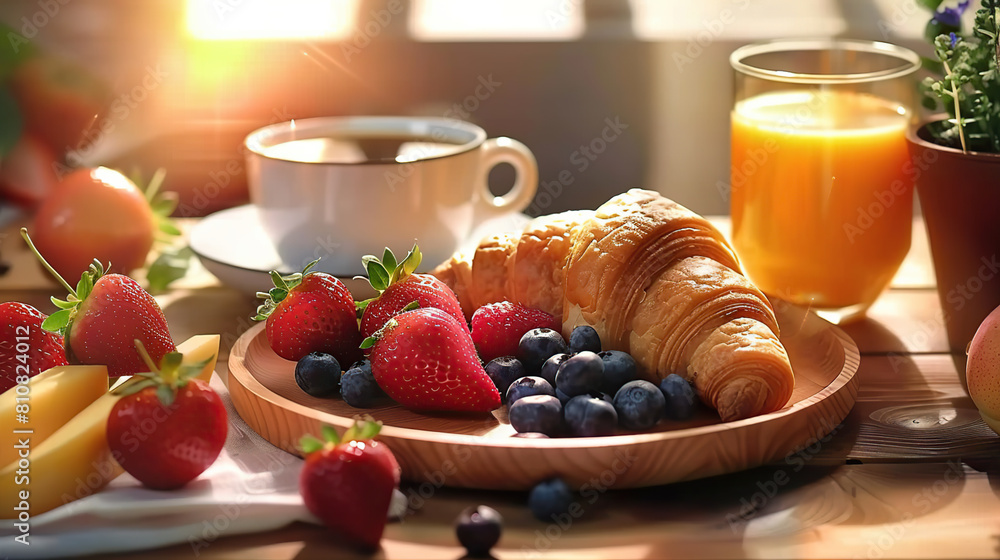 Close-up capture showcasing an artfully arranged continental breakfast, featuring vibrant fresh fruits, delectable pastries, and steaming cup of coffee Close-up capture showcasing an artfully arranged continental breakfast, featuring vibrant fresh fruits, delectable pastries, and steaming cup of coffee