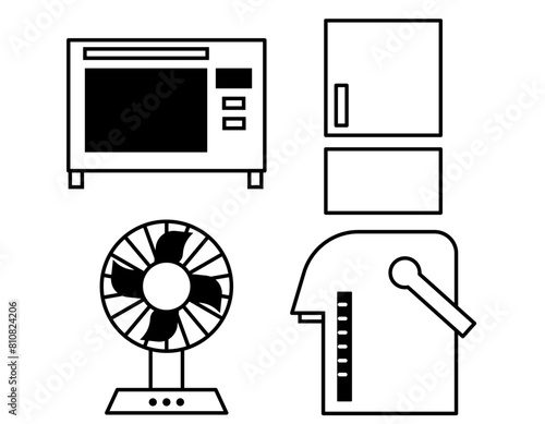電子レンジ　オーブン　冷蔵庫　扇風機　ポット　アイコン素材セット