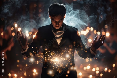 Wallpaper Mural Magician performs spellbinding tricks on stage, captivating audience with mystique and wonder. Torontodigital.ca