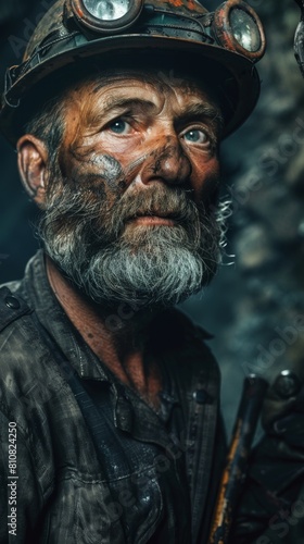 Man with a beard and a hat holding a stick. Worker portrait. Vertical background 