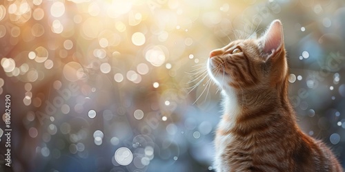 Side view of a tabby cat gazing upwards, set against a brightly lit bokeh background photo