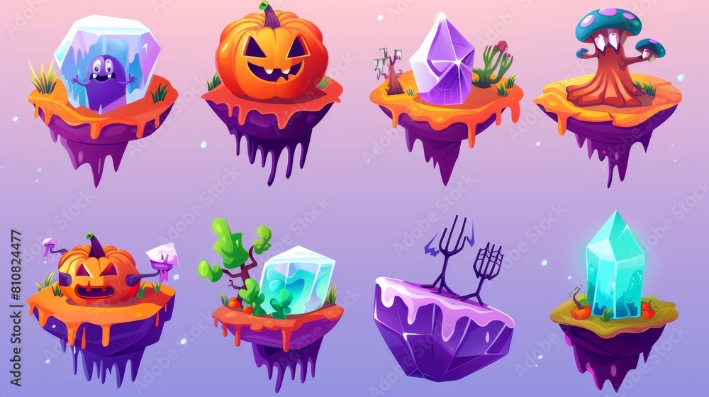 Cartoon nature locations, floating platforms for arcade games, floating islands ice or rock, pumpkins and monster fingers on Halloween donuts.
