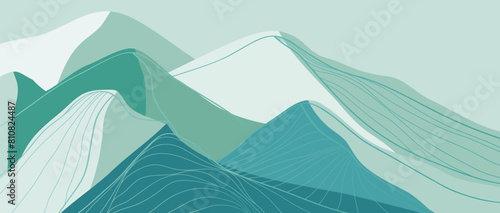 Blue Mountain landscape with line art. Vector illustration of Winter Mountains landscape. mountains, hills
