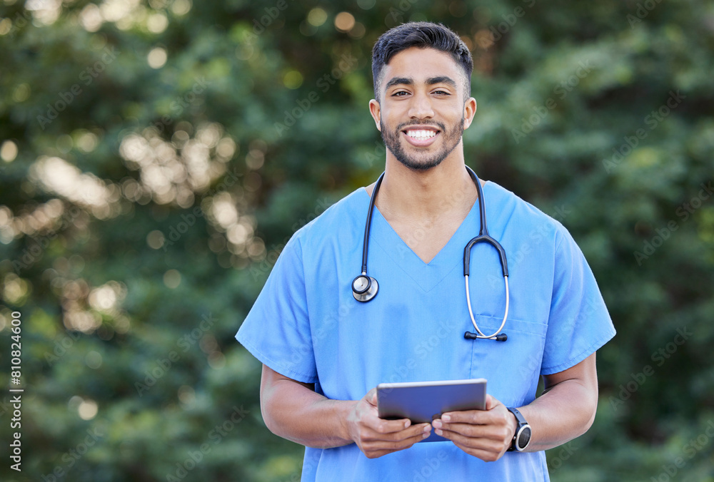 Man, portrait and tablet for outdoor doctor, hospital website and search for medical information. Female person, confident cardiologist and app for telehealth, digital patient charts and insurance Man, portrait and tablet for outdoor doctor, hospital website and search for medical information. Female person, confident cardiologist and app for telehealth, digital patient charts and insurance