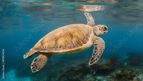 majestic green sea turtle on a healthy coral reef with its beautiful shell swimming away