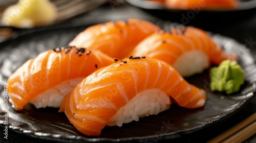 salmon sushi role slices on a black plate with sauce and wasabi,Japanese food --ar 16:9 Job ID: bfb984bc-97d5-47a0-bfac-c8349b62bce1