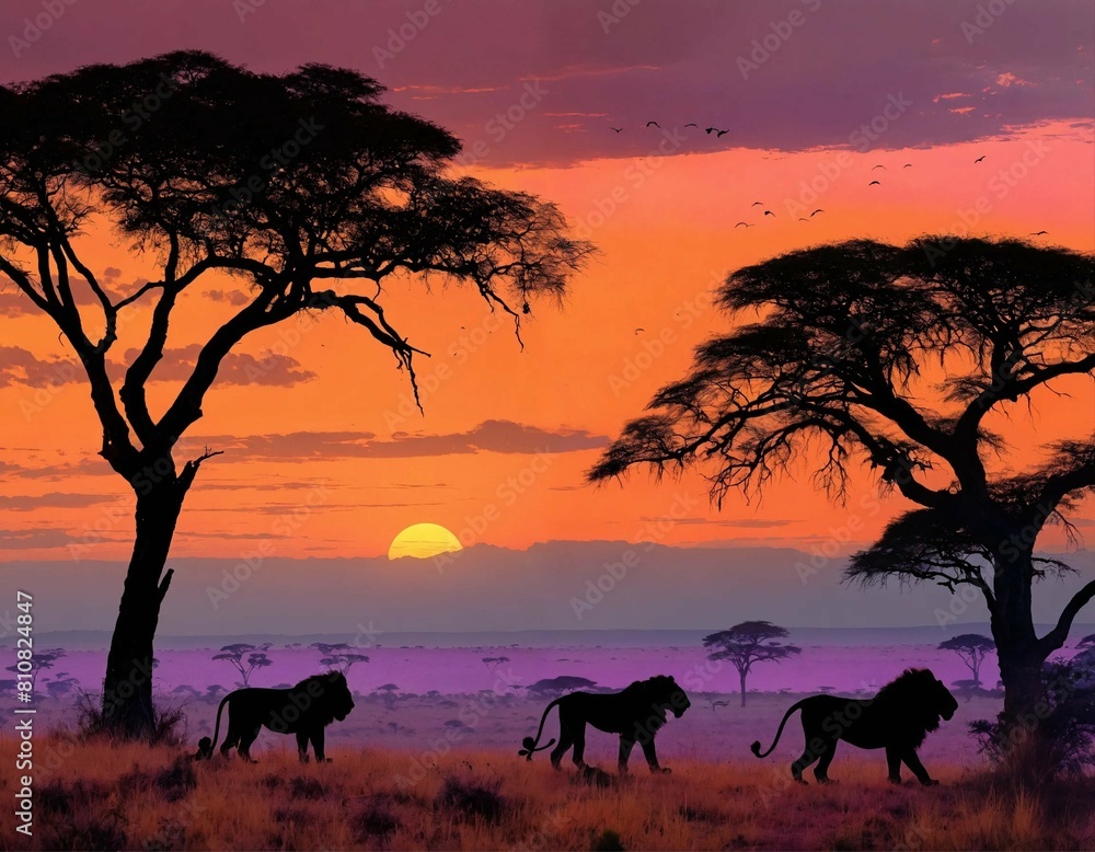 Fototapeta premium silhouettes of lions under sunset 