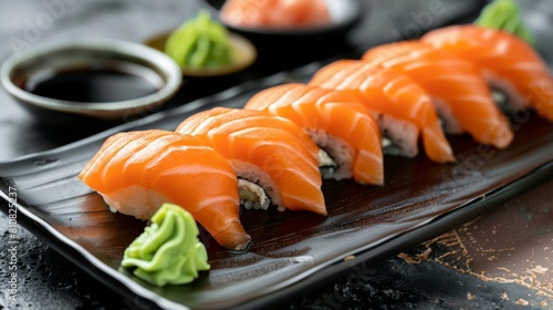 salmon sushi on a black plate with sauce and wasabi