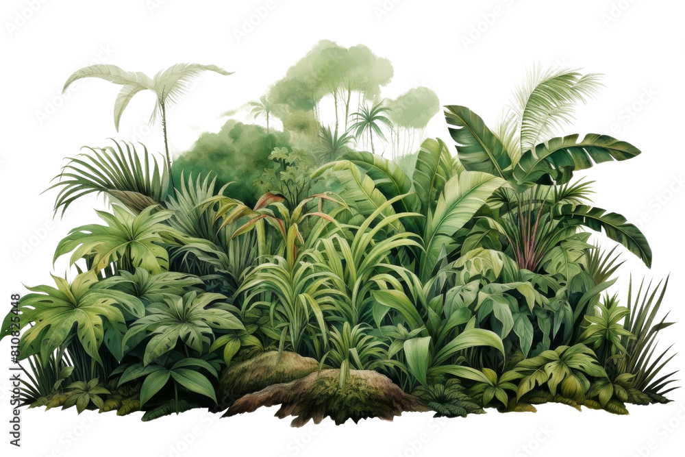Fototapeta premium A lush green jungle with many trees and plants. The jungle is full of life and is a beautiful representation of nature
