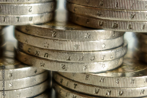 Detailed view of euro coins from the side
