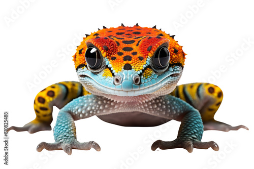 A colorful lizard with blue and yellow spots on its face. The lizard is smiling and looking at the camera