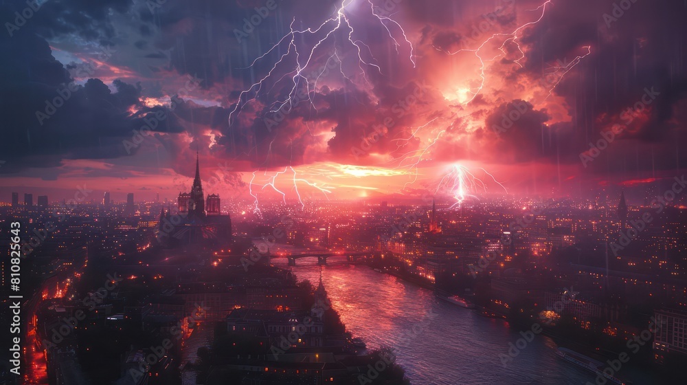 Lightning strikes near a city skyscraper during a severe summer storm. Lightning strikes near a city skyscraper during a severe summer storm.