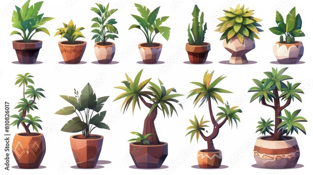An illustration of a border of potted plants and trees in flowerpots. Domestic tropical decorative palms and houseplants with wood and ceramic pots as interior decor isolated graphic element.