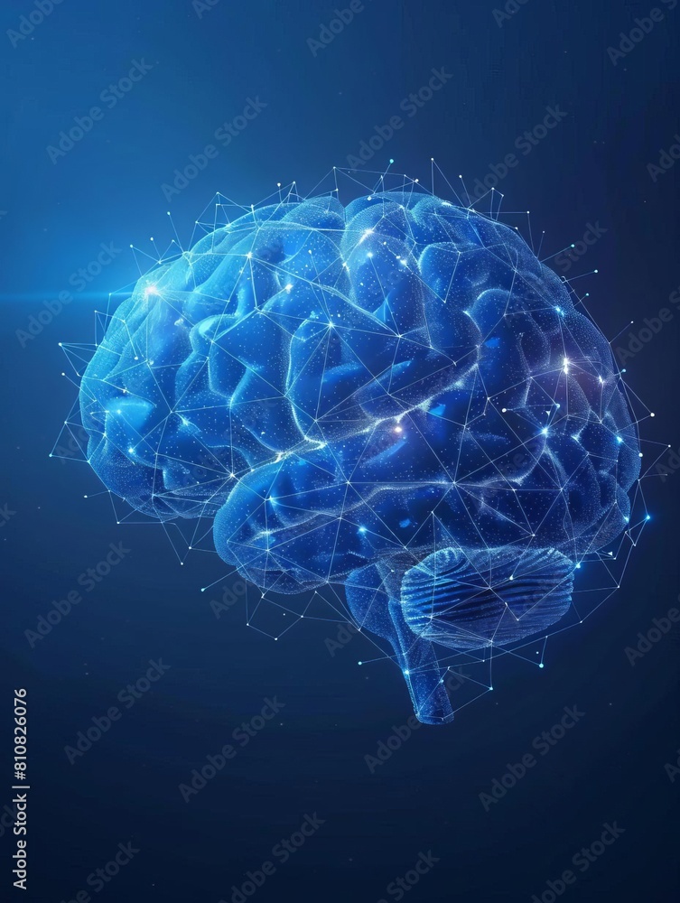 Low polygon brain wireframe mesh on blue background, dark blues lights Low polygon brain wireframe mesh on blue background, dark blues lights
