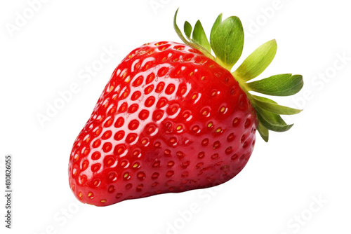 A red strawberry with a green leaf on top. The strawberry is ripe and ready to eat. The image has a fresh and healthy vibe