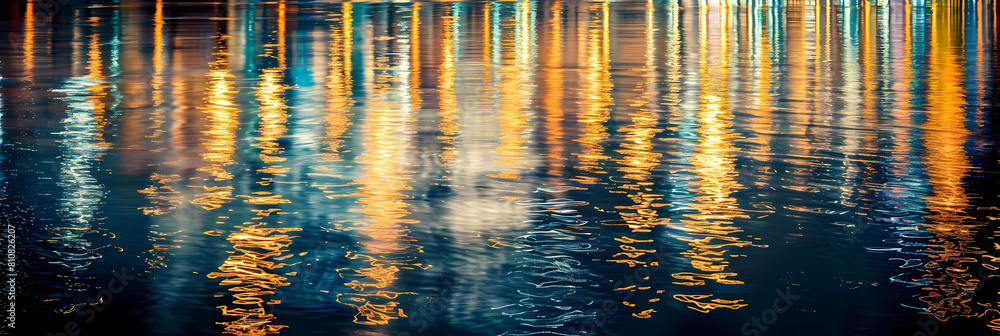 abstract light reflections on urban rivers, featuring a row of buildings, a bridge, and a street lamp, with a red light in the foreground and a white light in the background abstract light reflections on urban rivers, featuring a row of buildings, a bridge, and a street lamp, with a red light in the foreground and a white light in the background