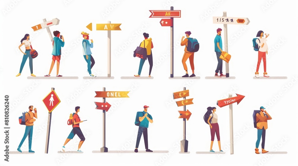 A set of doubtful and confused characters consider their choice on a crossroad with an arrow sign. A pair of men and women determine their course near a road sign with arrow markers. A set of doubtful and confused characters consider their choice on a crossroad with an arrow sign. A pair of men and women determine their course near a road sign with arrow markers.