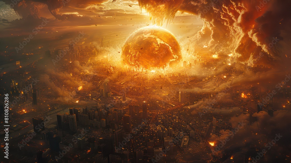 Meteor crashes into a stunning and powerful big city. A shooting star that is still burning and shining brightly. It has created an important crater amidst the chaos in the city. Meteor crashes into a stunning and powerful big city. A shooting star that is still burning and shining brightly. It has created an important crater amidst the chaos in the city.