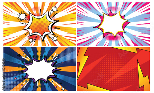 Four vibrant comic book style explosion panels