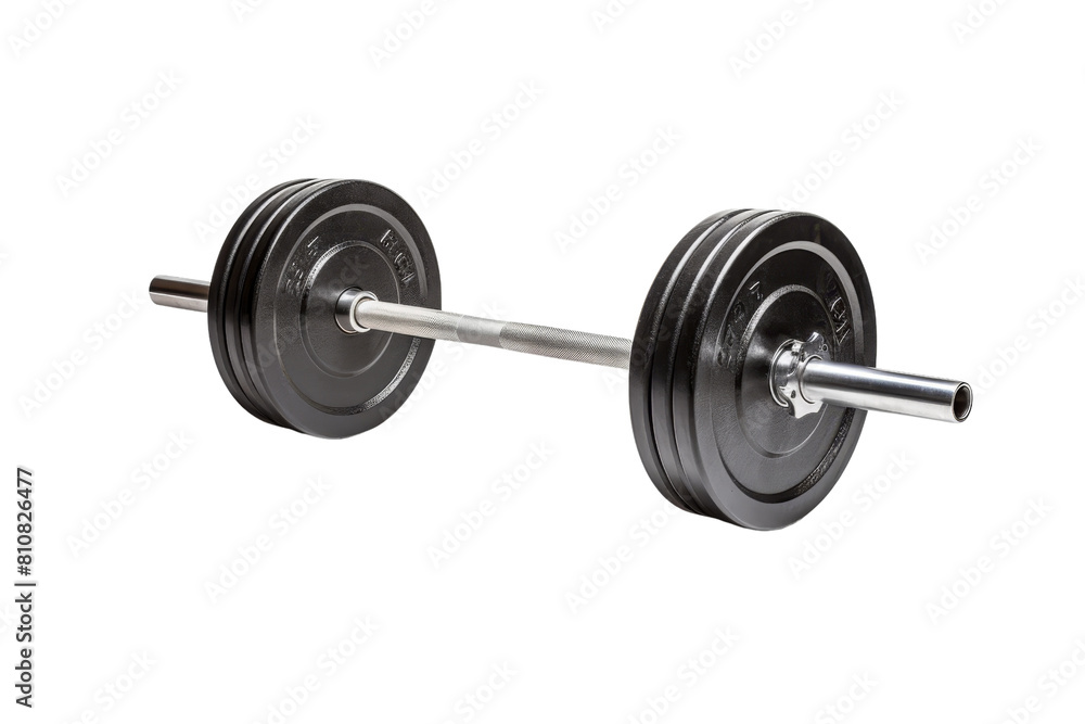 A black and silver dumbbell with a silver bar. The dumbbell is made of metal and has a silver handle A black and silver dumbbell with a silver bar. The dumbbell is made of metal and has a silver handle