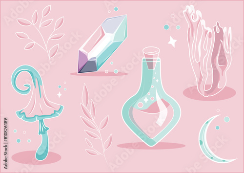 A set of magical tools in light pink color. Magic crystal, flask with potion, mushrooms, plants, moon. Magic objects drawn by hand in vector.