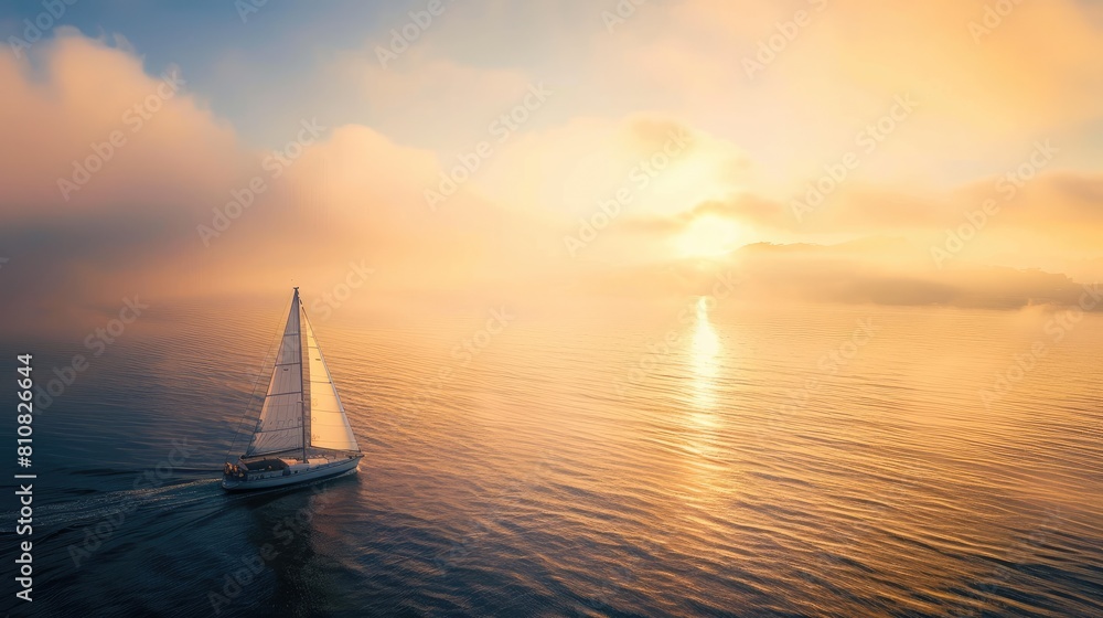 a boat with a white sail drifting in the vast sea under a twilight blue sky, enveloped in mist, with the moon casting a soft glow, in an aerial shot.