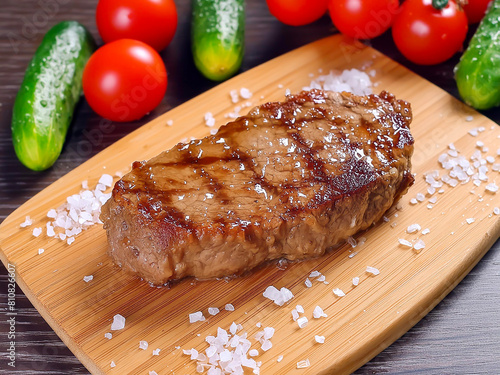 A freshly cooked juicy steak lies on a bamboo cutting board, coarse salt is scattered nearby and fresh vegetables close-up