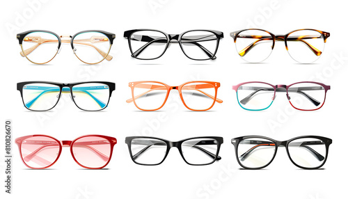 Set with different eyeglasses isolated on white