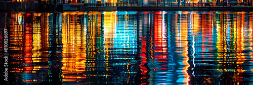 abstract light reflections on urban rivers a cityscape featuring a towering skyscraper, a bustling street, and a serene river flowing through the center