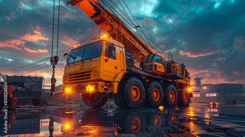 Futuristic yellow mobile crane in an industrial complex at dusk, its glowing lights reflecting off wet surfaces, illustrating advanced infrastructure 8K , high-resolution, ultra HD,up32K HD