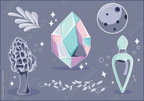 A set of magical tools in purple color. Magic crystal, flask with potion, mushrooms, plants, moon. Magic objects drawn by hand in vector.