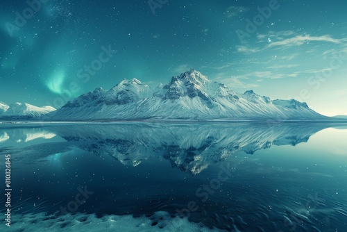 A starry night sky complemented by soft aurora sweeps over peaceful snow-covered mountains reflected in calm water photo