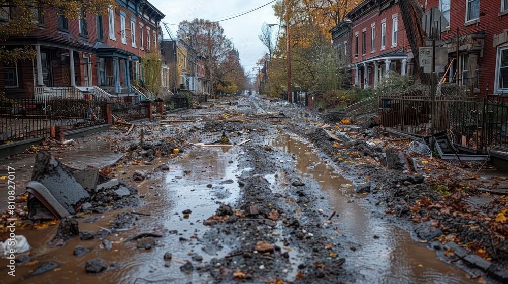 Storm aftermath in a historic city district, cleanup operations active. Storm aftermath in a historic city district, cleanup operations active.
