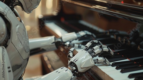 Closeup of a robot playing the piano, with a person listening attentively 8K , high-resolution, ultra HD,up32K HD