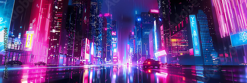 abstract neon cityscapes featuring tall buildings and a blue sign  with a blurry car in the foreground