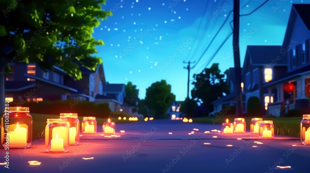 Fototapeta premium Memorial Day Decorations Crafting Luminaries With Mason Jars And Tea Lights, Lining The Driveway Or Walkway With Flickering Lights., Background