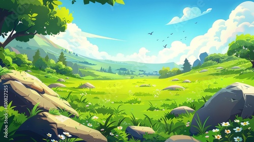Modern illustration of field with green grass  conifers  and hills on horizon. Modern illustration of field or pasture with plants and stones and birds flying in the sky.
