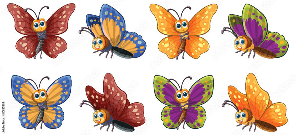 Eight vibrant, illustrated butterflies in various poses Eight vibrant, illustrated butterflies in various poses