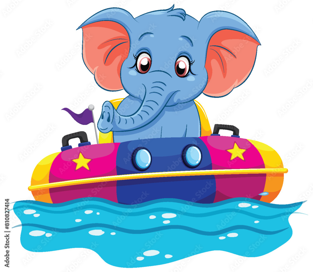 Cartoon elephant on a colorful boat in water Cartoon elephant on a colorful boat in water